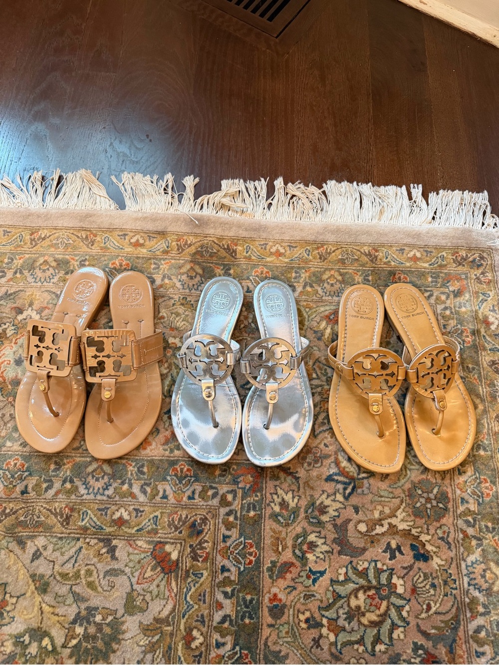 Tory Burch Trio of Logo Thong Sandals in Tan, Silver, and Camel